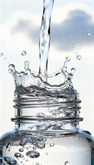 Pouring Water into Glass Bottle with Splash and Bubbles
