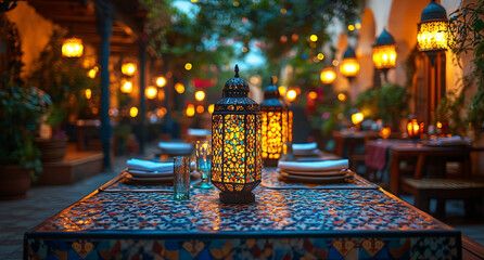 A Moroccan Christmas Celebration with Vibrant Lanterns, Decorative Cushions, and a Festively Decorated Table of Traditional Sweets in a Cozy Atmosphere
