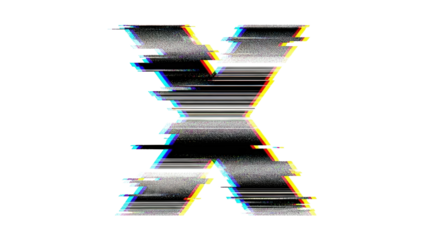Glitch VHS letter X with heavy interference patterns and distorted edges on white