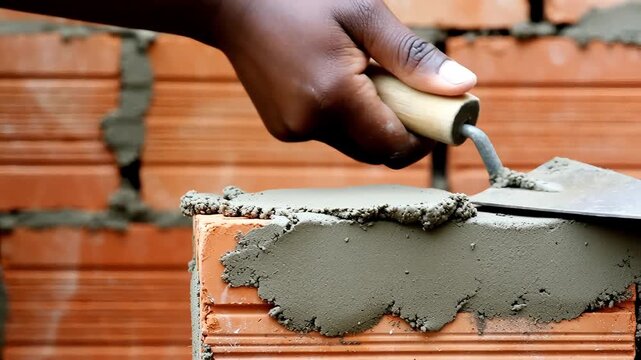 Professional construction worker applying wet gray mortar to red clay brick with metal trowel, building exterior wall, close-up