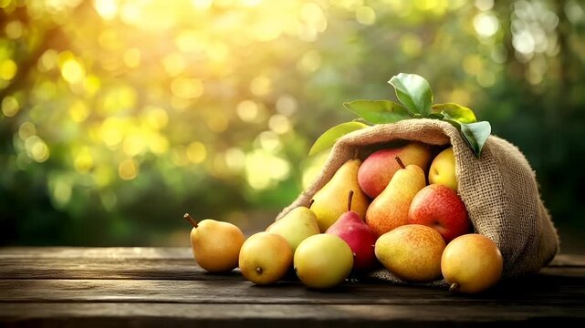 A closeup of a sack filled with assorted fruits on a wooden surface. The fruits include pears, apples, and pears. The colors are vibrant, with the pears in shades of green, the apples in red.