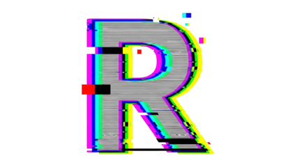 Glitch VHS letter R with signal breakdown and chromatic drift on white background