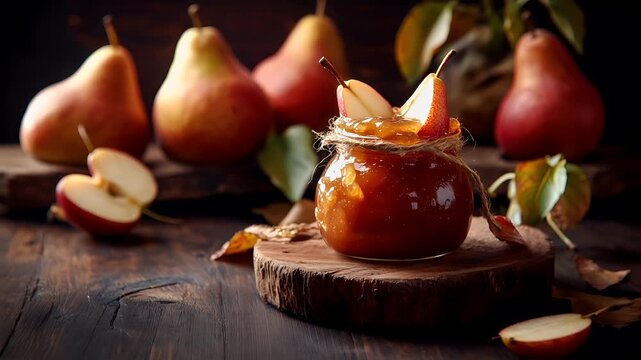 A closeup shot of a jar filled with a glossy, caramelcolored fruit, possibly a pear, with a slice of apple peeking out of it. The jar is placed on a wooden surface.