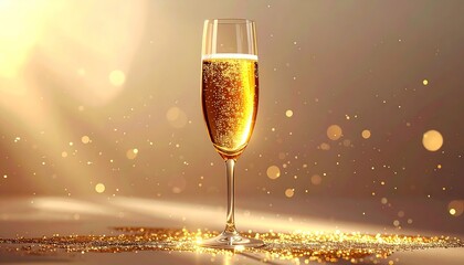 Tall flute glass filled with effervescent golden liquid stands centered against a warm, glowing backdrop