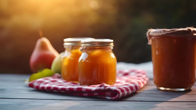 A closeup of a glass jar filled with a goldenbrown liquid, possibly apricot jam, with a metal lid. The jar is placed on a red and white checkered cloth, and the background is blurred.