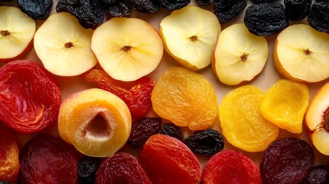 A closeup view of a variety of dried fruits and vegetables, including apples, apricots, and raisins. The fruits are arranged in a grid pattern, with each type of fruit clearly visible.