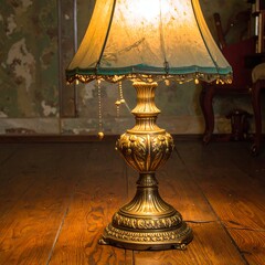Antique brass table lamp with a faded teal shade, illuminating a wooden floor