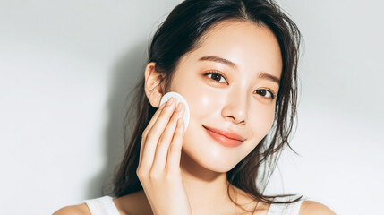 コットンを使ってスキンケアをする若い女性
