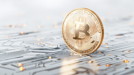 デジタル回路基板の上に立つ金色のビットコイン
