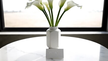 Thank You card with elegant embossed text and white calla lilies revealing on a marble table for gratitude concept and refined hospitality