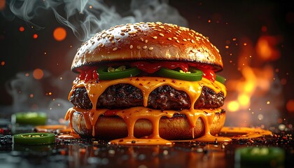 Mouthwatering double patty gourmet sandwich oozes melted cheese and spicy slices