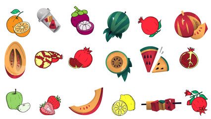 Mixed fruits isolated on transparent background, clean editable vector AI illustration set featuring fresh tropical and seasonal fruit elements perfect for food design, packaging and digital artwork