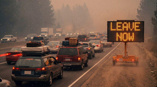 Wildfire evacuation with cars in traffic and a Leave Now sign