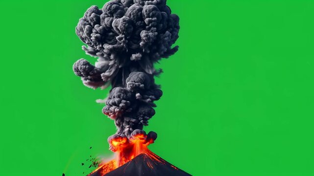 Volcano erupting with lava and ash plume, natural disaster effect for chromakey on green background