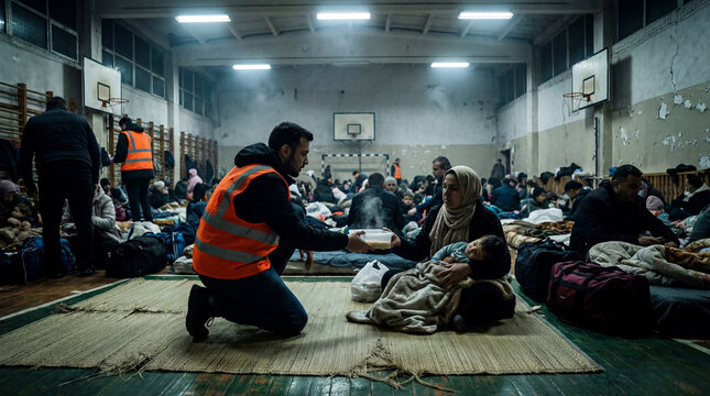 Aid worker providing food to a refugee family in a temporary shelter