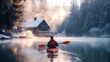 A person in a red jacket paddling a red kayak on a calm, misty river. The scene is set against a backdrop of a snowcovered forest and a house with a chimney.