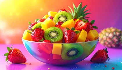 Vibrant tropical fruit salad overflowing from a colorful glass bowl presents a healthy dessert option
