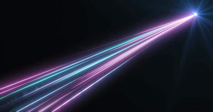 The bright rays of an abstract star trace the darkness - a dynamic path of light, shimmering with neon shades, creates a feeling of rapid movement in outer space.