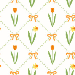 Hand drawn floral coquette seamless pattern with tulips and narcissus