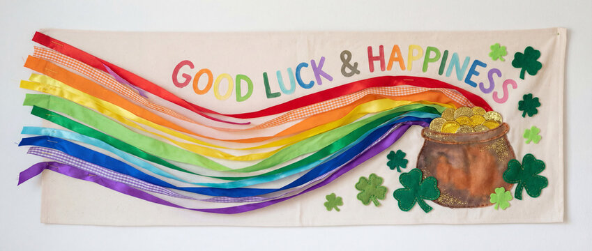 colorful st patrick's day decoration with rainbow and pot of gold on fabric banner - Powered by Adobe