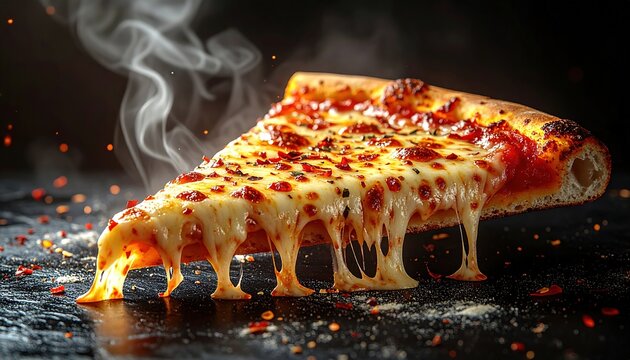 Delicious hot triangular food portion exhibits excessive cheese pull against a dark background