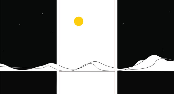 A minimalist triptych illustrates the profound transition between bright daylight and serene nighttime, capturing the essence of time's continuous cycle.