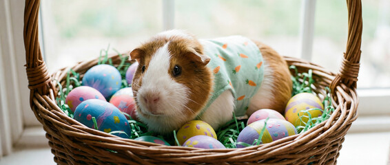 cute guinea pig in a basket with colorful easter eggs near a sunny window