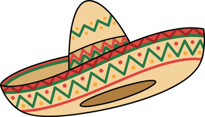 A colorful vector illustration of a traditional Mexican sombrero hat featuring a wide brim and festive decorations, including red and green zigzag patterns and yellow dots on a beige background.