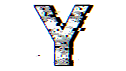 Glitch VHS letter Y with chromatic ghost echo and harsh pixel noise on white background