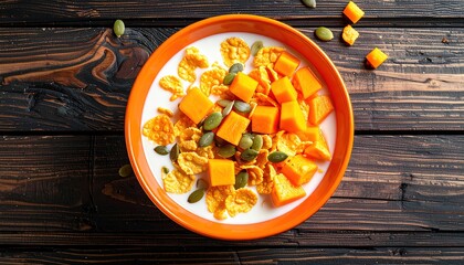 Healthy cereal bowl topped with squash cubes and seeds rests on a dark wooden surface