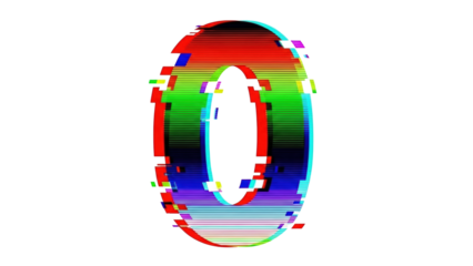 Glitch VHS letter O with fragmented pixel edges and retro flicker on white background