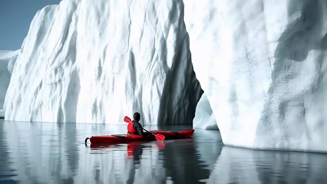 A person kayaking on a calm body of water with a large iceberg in the background. The person is wearing a red jacket and is paddling a red kayak.