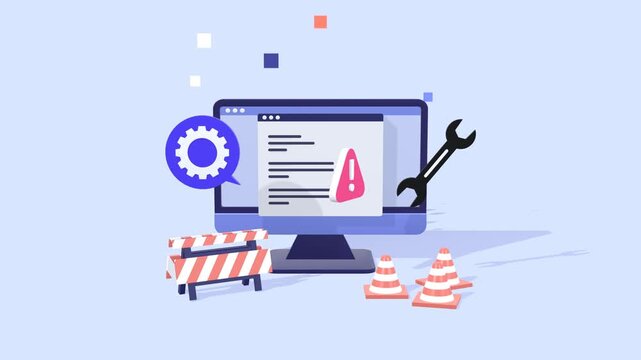 Animation Of A Website Under Maintenance Featuring Error Messages, Warning Signs, And Traffic Cones, Illustrating Technical Issues, Site Updates And And Repair Concepts.