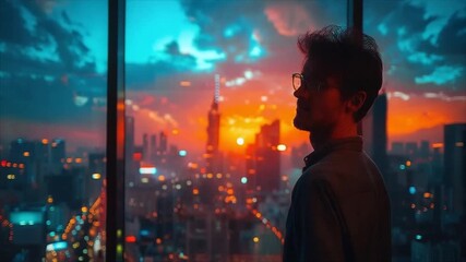 Contemplative Silhouette - Man Gazing at Cityscape Sunset.