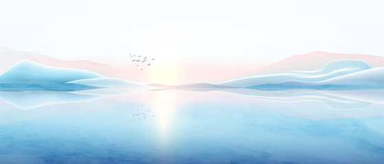 An art background featuring mountains and hills in cool tones, minimalist style, and watercolor texture. A natural banner for decor, prints, wallpaper, textiles, and interiors.