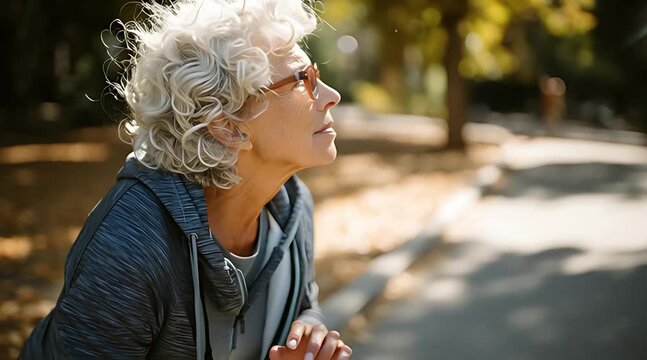 Active senior woman checking smartwatch and resting after jogging in the park