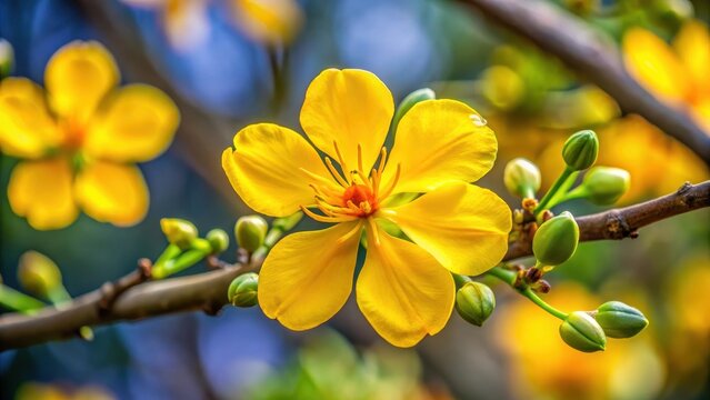 Close-up of vibrant yellow ochna integerrima flower with delicate petals and intricate texture, showcasing its unique shape and color details, nature, botanical