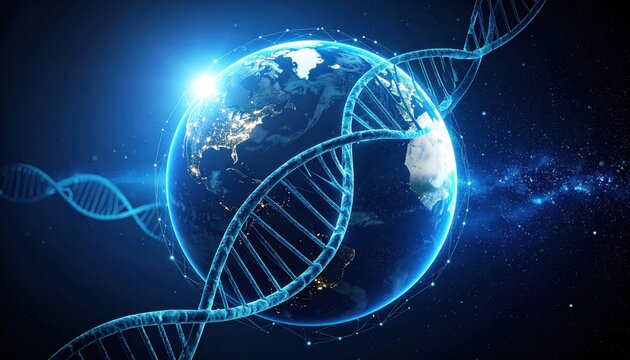 Glowing DNA helix wrapping around planet Earth in space, genetics, biotechnology and global science - Powered by Adobe