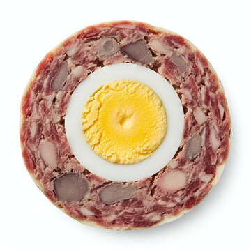 Extreme close-up macro of drob de miel cross-section showing lamb texture and centered boiled egg