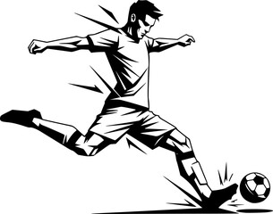 Dynamic monochrome illustration of a soccer player executing 