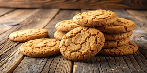 Close-up of delicious ginger snaps cookies on a rustic wooden table , cookies, snacks,  cookies, snacks, baked