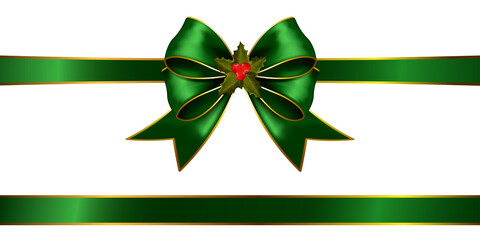 Green Ribbon with Holly berry Satin Bow &ndash; Festive Christmas Decoration with Gold Trim on Transparent Background for Gift Wrap and Holiday Design

