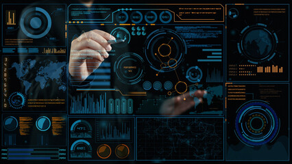 A close-up view of hands engaged with a digital dashboard, highlighting data visualizations and analytics in a modern, sleek interface perfect for technology themes. Cipher