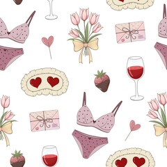 Romantic Valentine Seamless Pattern with Tulips, Lingerie, Wine 