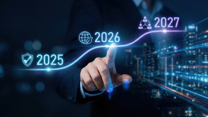 Obraz premium Business growth projection with hand pointing at timeline from 2025 to 2027, featuring icons for security, sustainability, and collaboration, symbolizing future planning and strategy