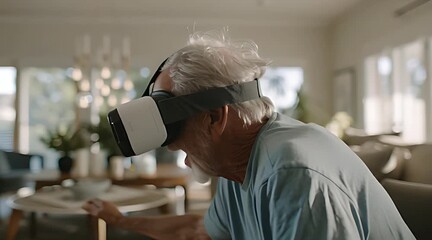 Excited senior man wearing virtual reality headset reaching out and laughing while experiencing immersive metaverse simulation in living room - Powered by Adobe
