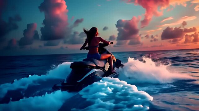 A vivid digital artwork of a woman riding a jet ski on the ocean during sunset. The sky is painted with hues of orange, pink, and blue, reflecting off the waters surface.