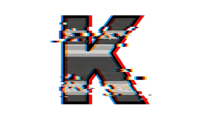 Glitch VHS letter K with chromatic ghosting and pixel breakup on white background