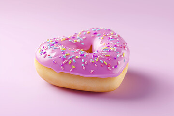 Heart-shaped donut with pink icing and colorful sprinkles on pastel background