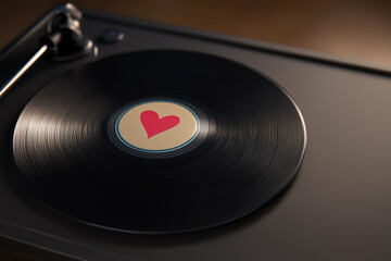 Vinyl record with heart design on turntable close-up
